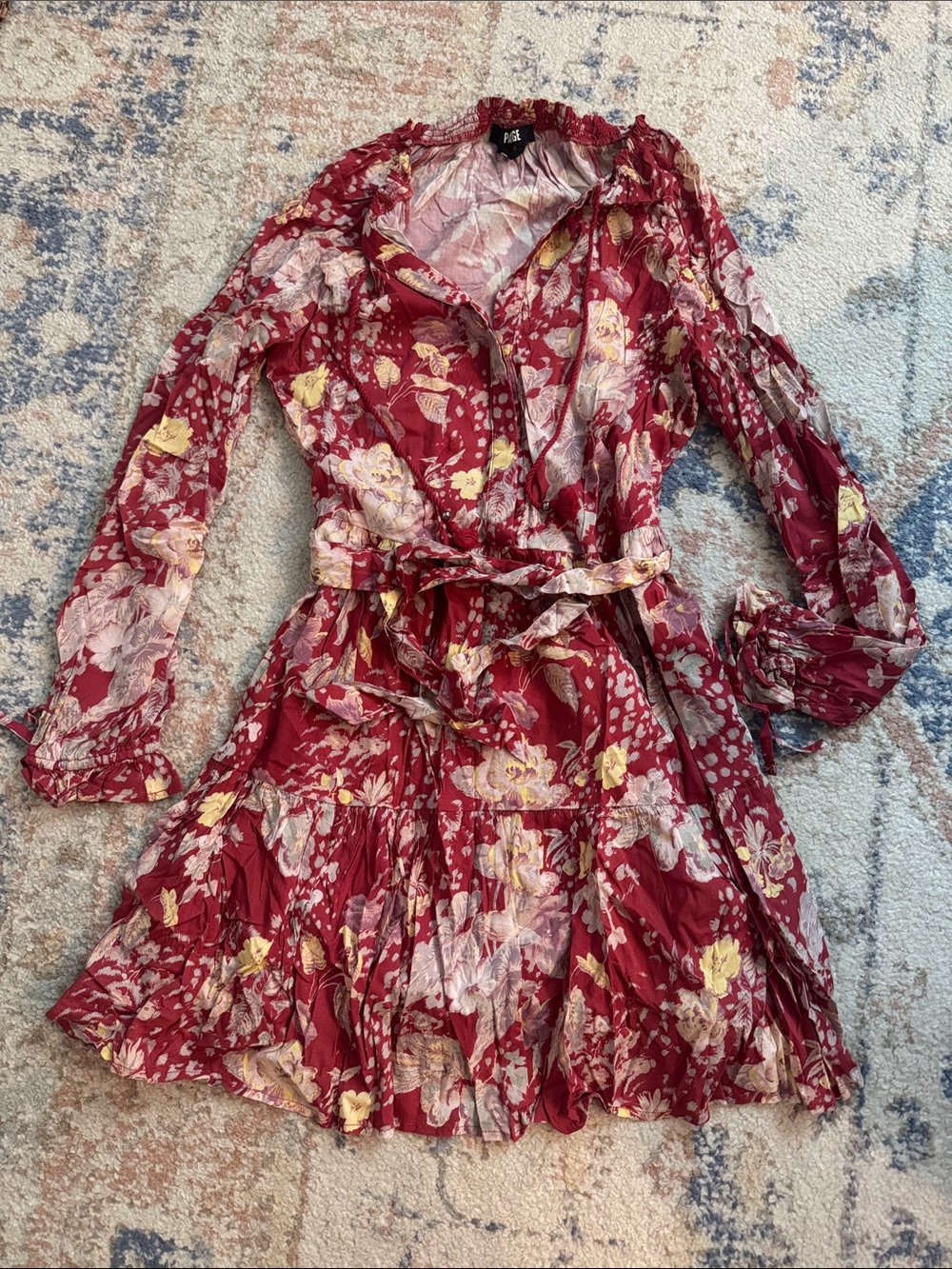 PAIGE Burgundy Floral Long-Sleeve Ruffle Dress
